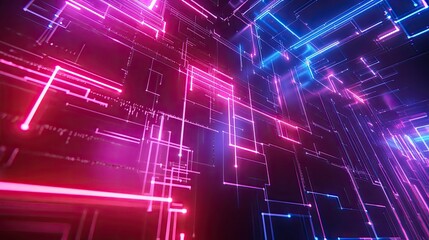 Interconnected neon light streams on a dark tech process background for futuristic visuals