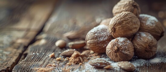 Candied nutmeg a sweet treat created with nutmeg and sugar beautifully displayed on a rustic wooden table Ideal for recipes articles catalogs or commercial use with a spacious area for additional text