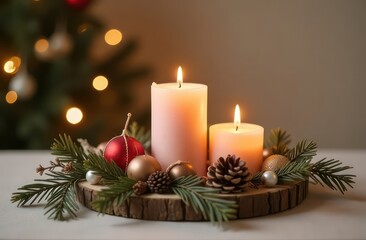 boho christmas advent decoration with candle and natural colors and free space left