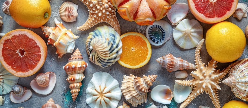 Poster a flat lay view featuring a variety of seashells alongside vibrant fruit and trendy summer items on 