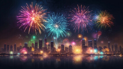 Colorful fireworks light up the city skyline on New Year's Eve celebration