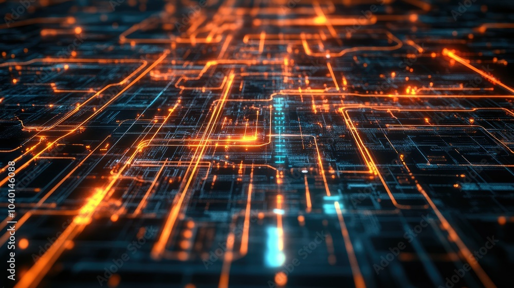 Poster intersecting digital paths and glowing data points on a futuristic tech background