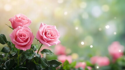 Obraz premium Beautiful pink roses blooming in a soft, dreamy garden