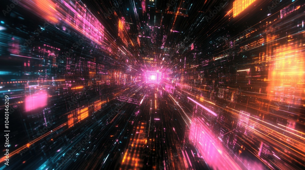 Poster intersecting digital paths and glowing data points on a futuristic tech background