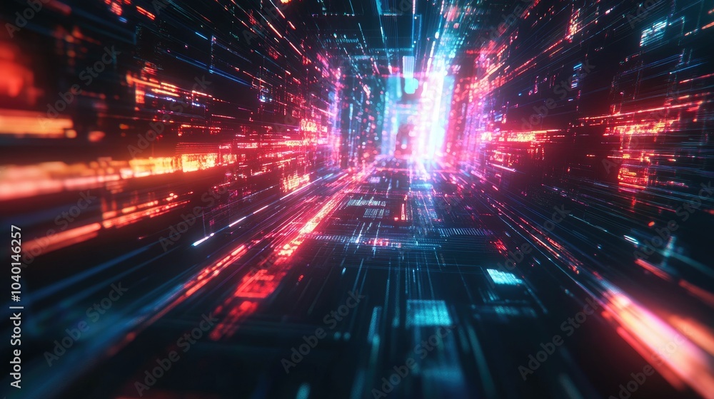 Poster intersecting digital paths and light beams on a futuristic tech process background
