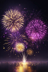A vibrant display of gold and dark violet fireworks illuminating the New Year night sky