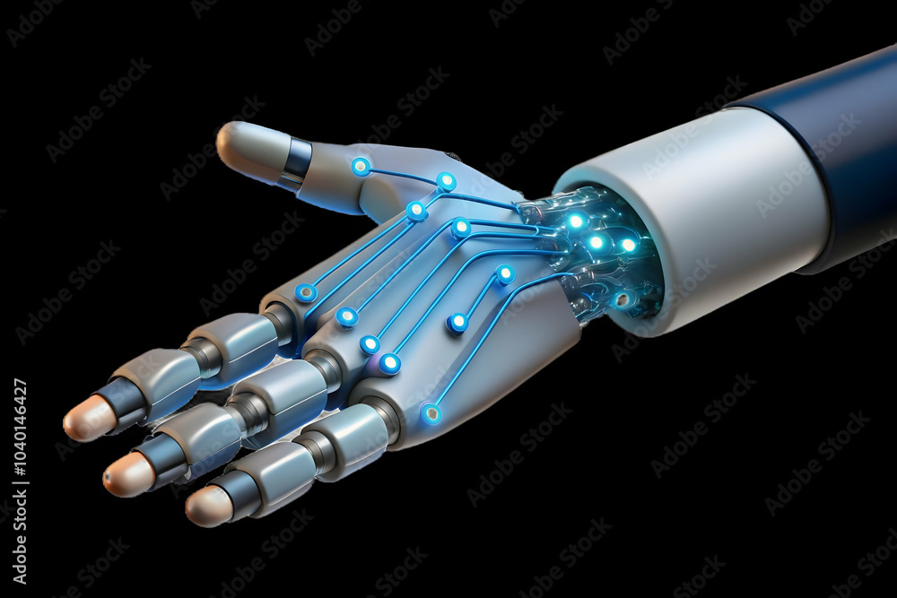 Poster close up human hand touching robotic hand glowing circuits symbolizing human machine collaboration m