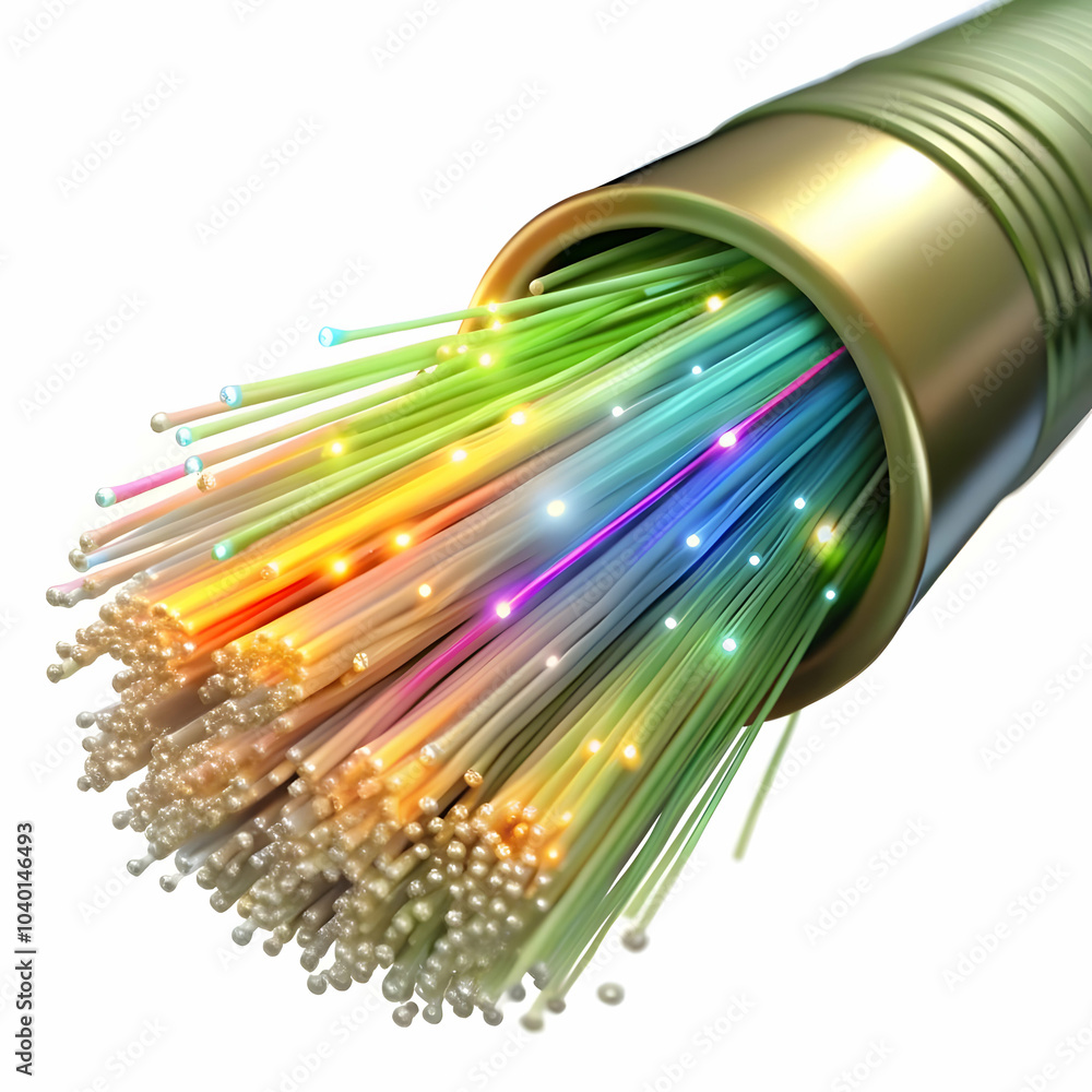 Poster macro view digital data flowing fiber optics close-up colorful light beams data streams fiber optic 
