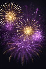 New Year celebration with vibrant gold and dark violet fireworks lighting up the night