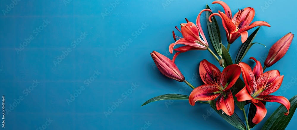Poster a vibrant red lily flowers contrast beautifully with a vivid blue backdrop in a flat lay image offer