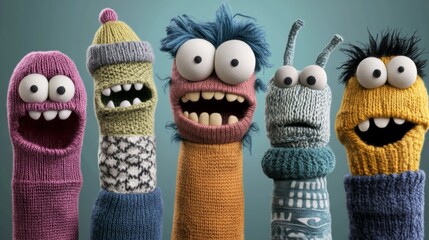 A group of colorful, playful monster puppets with expressive faces, showcasing various textures and features in a whimsical arrangement against a simple backdrop.