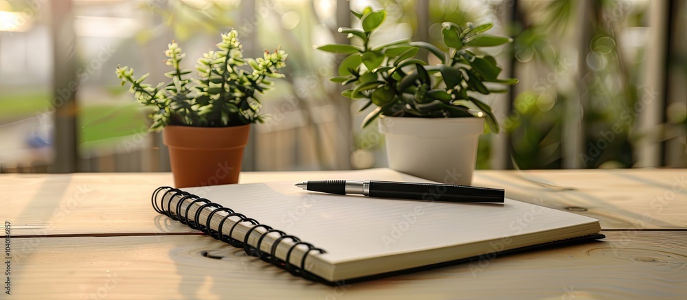 Poster a black pen is placed on a spiral notebook with a plant beside it revealing an open page with space 