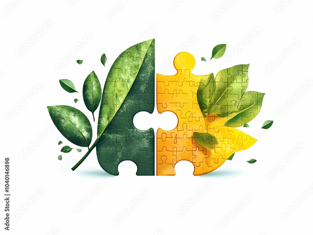Poster flat floating puzzle pieces green leaf concept two puzzle pieces interlock mid air symbolizing envir