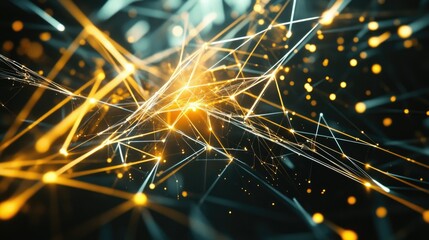 Interwoven digital light beams and geometric shapes on a futuristic tech background