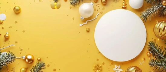 Fototapeta premium White round card with Christmas decorations on yellow backdrop with copy space image