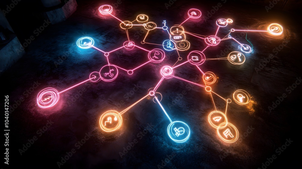Poster A futuristic decision tree model in glowing neon, with branches extending to various outcomes, representing predictive analytics, no background
