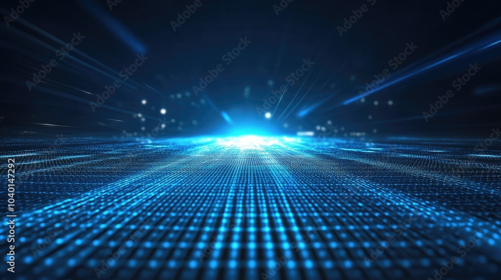 Poster interwoven light beams and data points on a high-tech digital network background