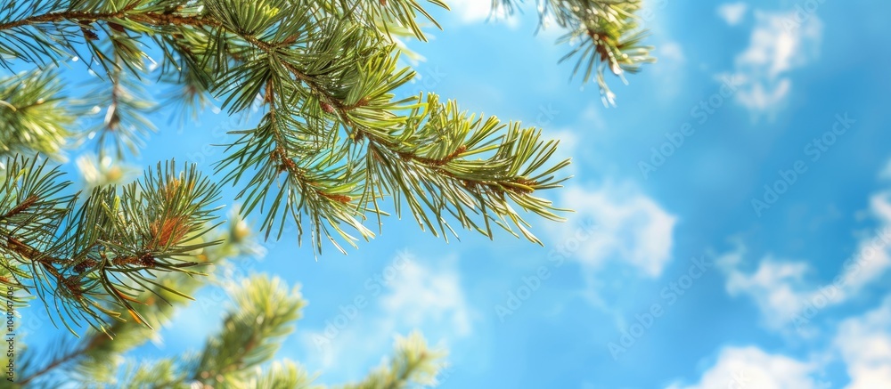 Aufkleber pine branches against a blue sky backdrop with ample copy space for text