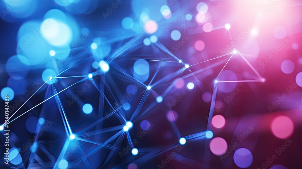 Poster interwoven light beams and floating digital points on a high-tech background