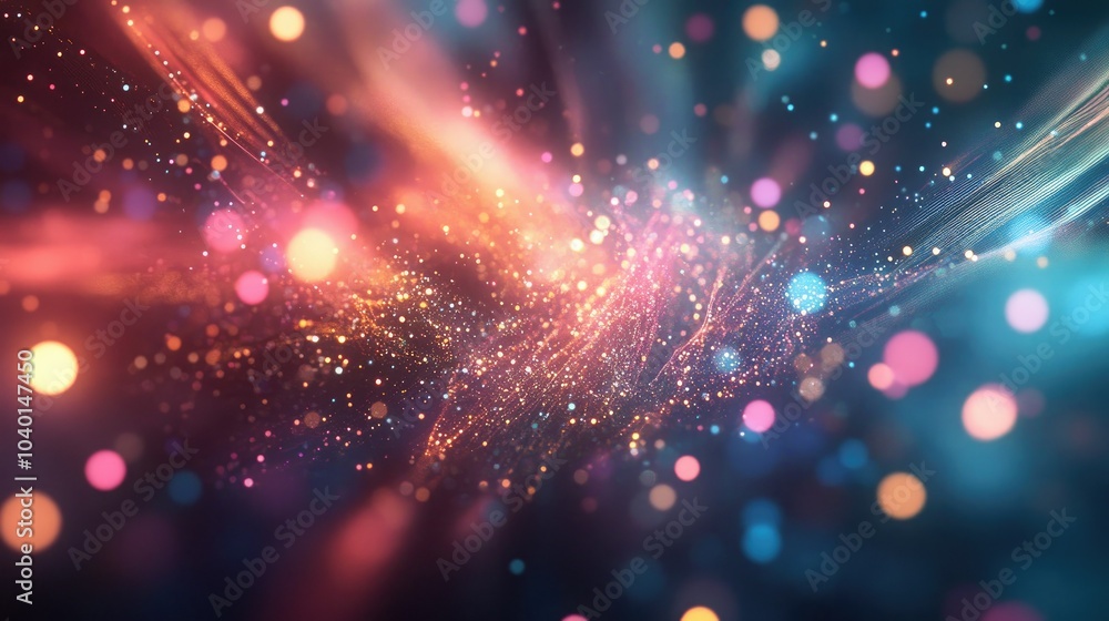Poster interwoven light beams and floating digital points on a high-tech background