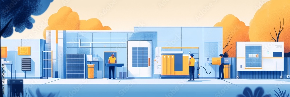 Poster home energy storage installation, technicians setting up a system to efficiently store excess solar 