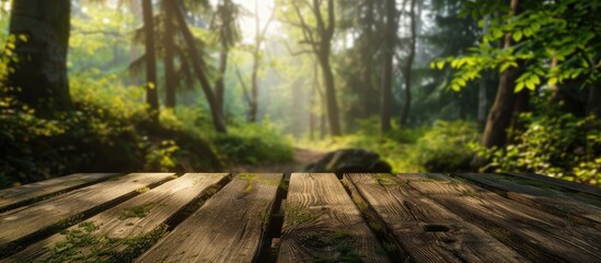 Obraz premium Wooden table with a nature inspired blur background offers a copy space image for displaying products alongside lush green forest scenery