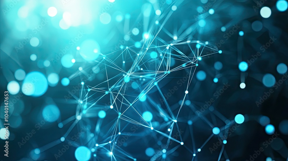 Poster interwoven lines and glowing dots representing a digital network on a gradient tech background