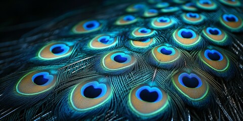 Obraz premium Majestic Peacock Display, vibrant blue and green feather patterns resemble shimmering water scales, showcasing intricate textures and symmetrical beauty