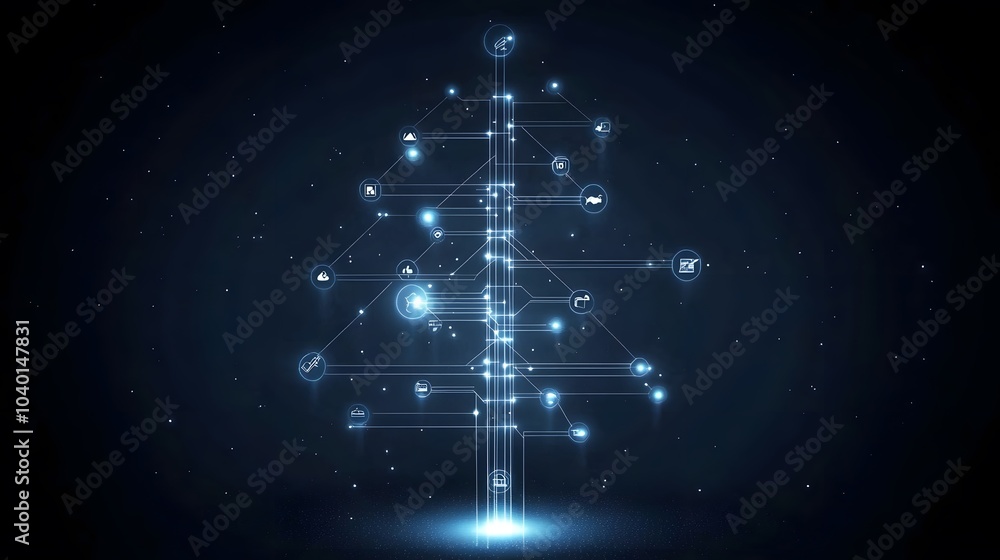 Poster A glowing decision tree diagram, with distinct nodes and branching paths, representing a complex decision-making process, no background