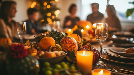 Holiday dinner table with candles, seasonal fruits, and family celebration