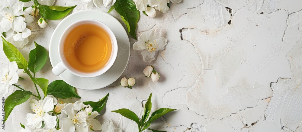 Poster flat lay of a cup filled with fragrant jasmine tea accompanied by flowers and leaves resting on a li