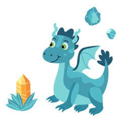 Vector illustration of a nice smiling  turquoise dragon and gem crystal in a flat vector style. Friendly design is ideal for children's books, t-shirt, nursery decor, greeting cards