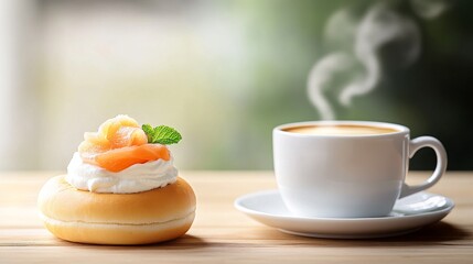 Delicious pastry and steaming coffee on a wooden table