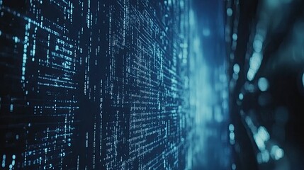 Matrix-like digital code cascading down a dark blue background for tech processing concepts