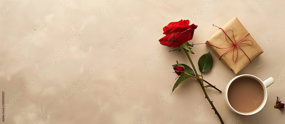 Poster a red rose a gift box and a coffee mug on a neutral beige backdrop in a flat lay layout with a top d
