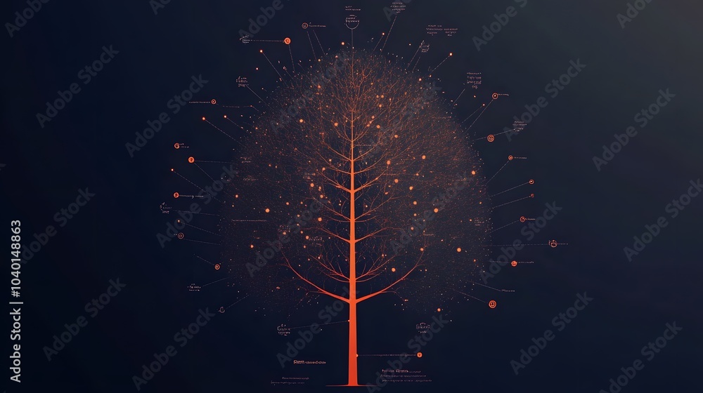 Fototapete A clean and modern decision tree diagram with glowing branches, each node representing a key decision point, no background