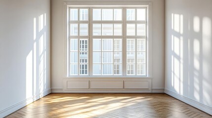 A plain, white room with a single window, filled with natural light