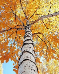 A tall birch tree with a white trunk, stands tall with vibrant yellow leaves