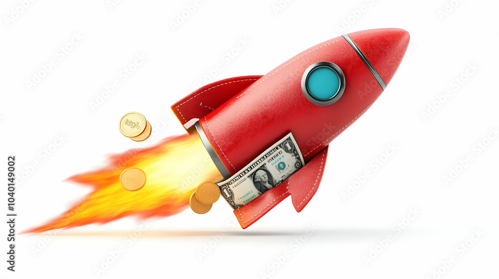 Poster 3d wallet rocket transformation vector - wallet morphs into rocket with coins bills exhaust stages d