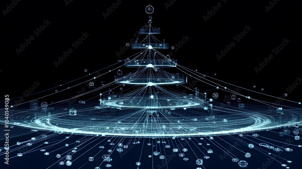 Poster A futuristic decision tree diagram with glowing nodes and clear paths, representing a complex business decision process, no background