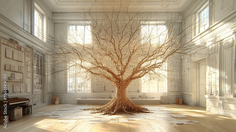 Poster A 3D decision tree model with sharp branches, representing a structured decision-making process in data science, no background