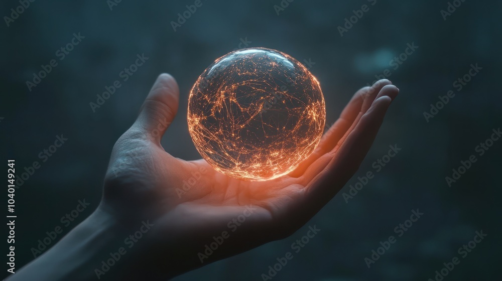 Poster hand holding a glowing ai sphere symbolizing the power and potential of artificial intelligence.