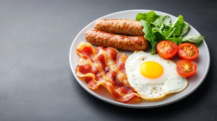 Hearty breakfast plate with bacon, sausage, egg, and greens