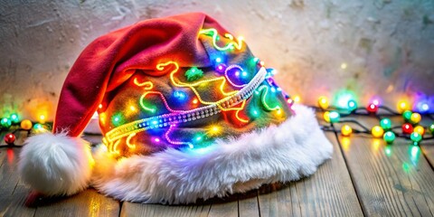 Fototapeta premium Neon Christmas Santa Claus Hat Design with Festive Letters for Holiday Celebrations