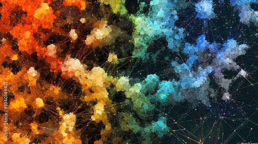 Poster a close-up of a k-means clustering model with distinct clusters in vibrant colors, each group clearl