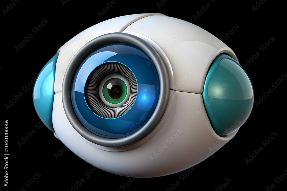 Poster close up robotic eye scanning medical data macro image of robotic eye with medical data reflections 