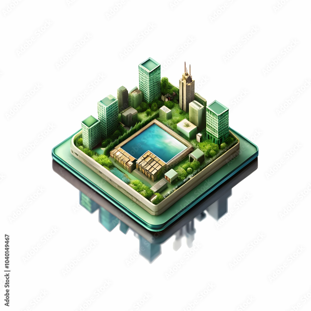 Poster macro microchip cityscape reflection close-up image symbolizing ai impact urban business environment