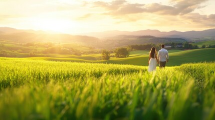 Couple walking through a green field at sunset, holding hands. Concept of tranquility and love.
