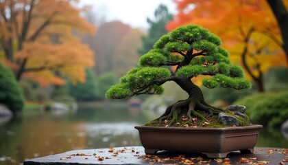  Tranquil autumn scene with bonsai tree in pot