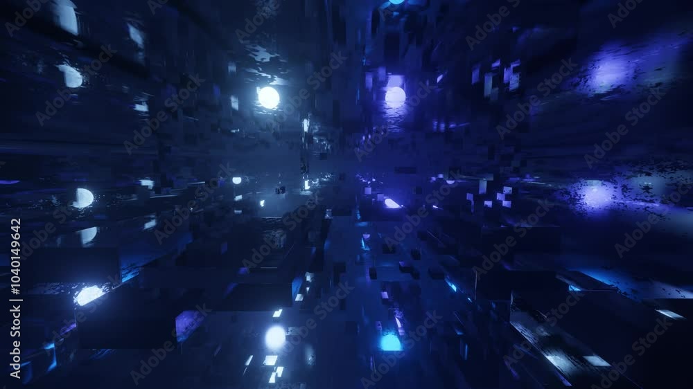 Poster sci-fi constructions, mysterious 3d objects in fog. fly through technology cyberspace with neon glow